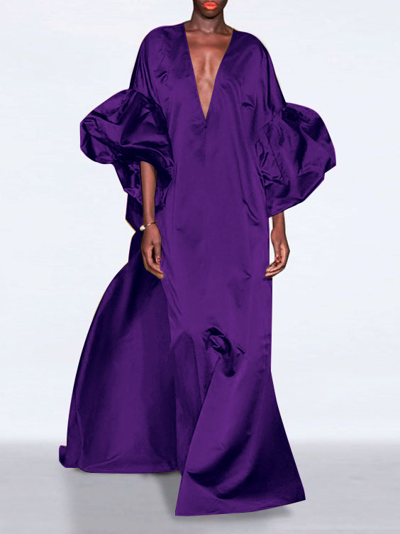 Loose Puff Sleeves Color V-neck Maxi Dresses