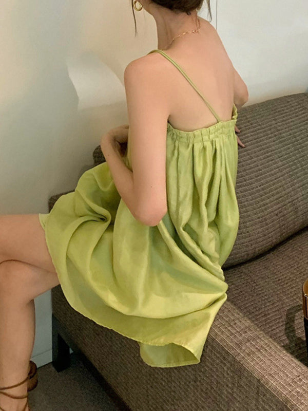 Loose Sleeveless Pleated Color Spaghetti-neck Mini Dresses Slip Dress