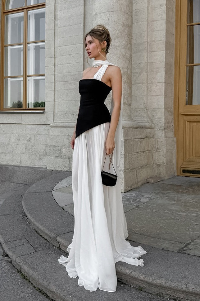 Flared Wavy Trim Color Block Maxi Dress