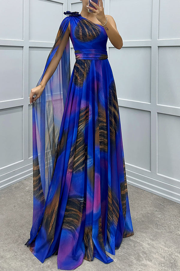 Lucia Unique Print Detail One Shoulder Draped Sleeve Gown Maxi Dress