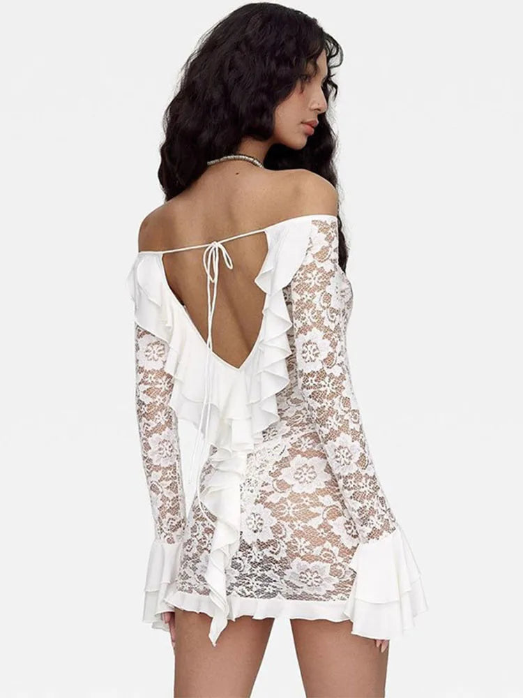 Ruffle Lace Dress for Off Shoulder Bandage See Through Mini Dresses Summer Beach Backless Holiday Dress Woman