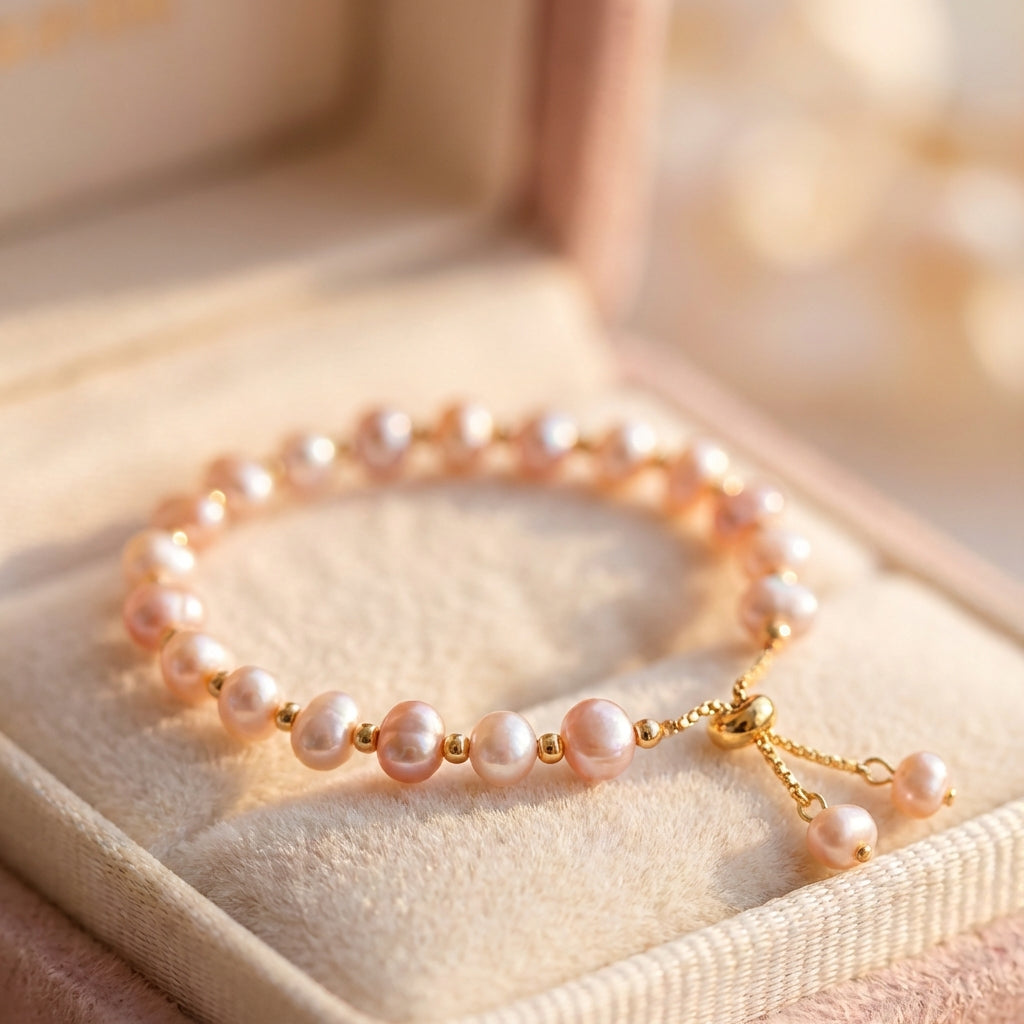 Pink Pearls In Gold Bracelet