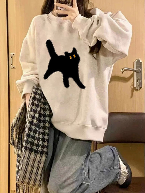 Retro Oversize Sweatshirt With Cat Print