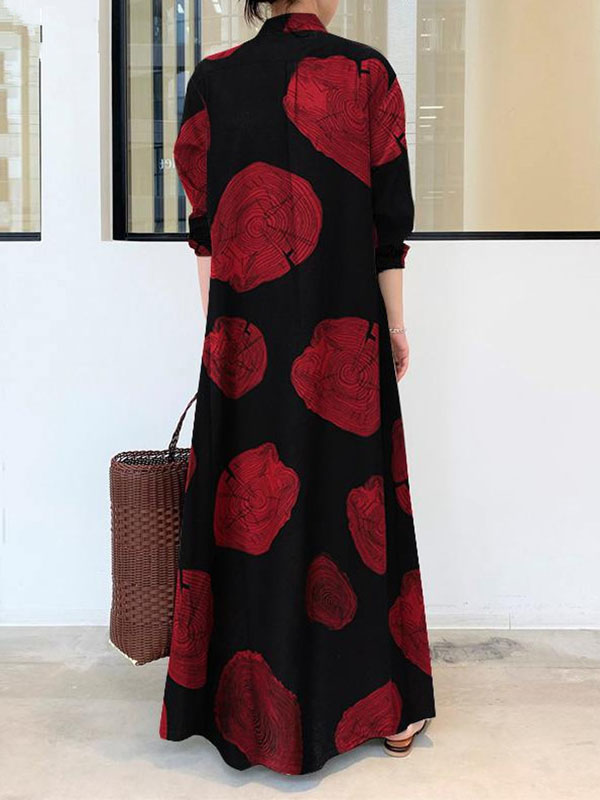 Long Sleeves Loose Printed Split-joint Lapel Maxi Dresses Shirt Dress