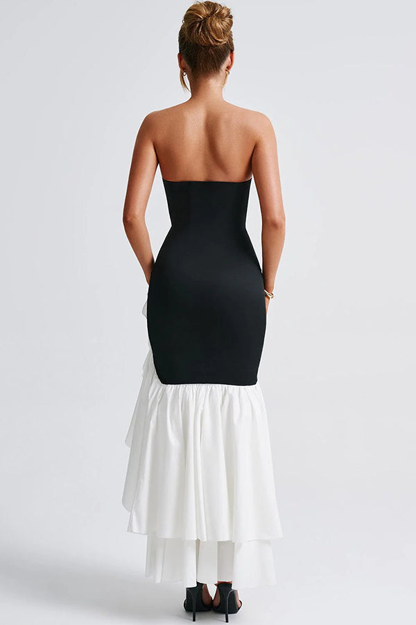 Contrast Color Off-shoulder Slim Fit Irregular Hem Maxi Dress