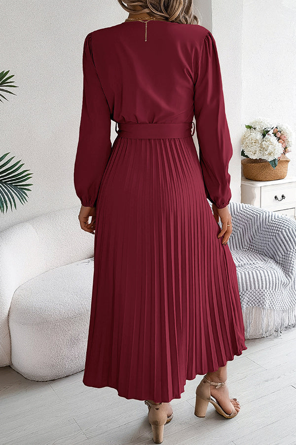 Color V-neck Buttoned Lace-up Pleated Maxi Dress