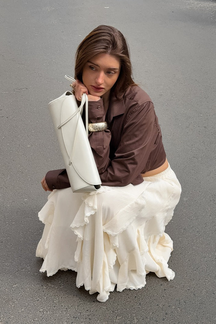 Apricot Ruffle Lace Trim Skirt