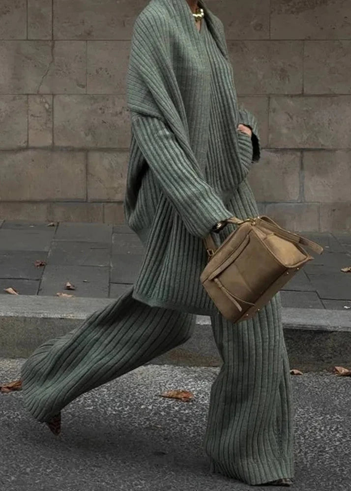 V-neck Sweater and Wide-leg Trousers Set