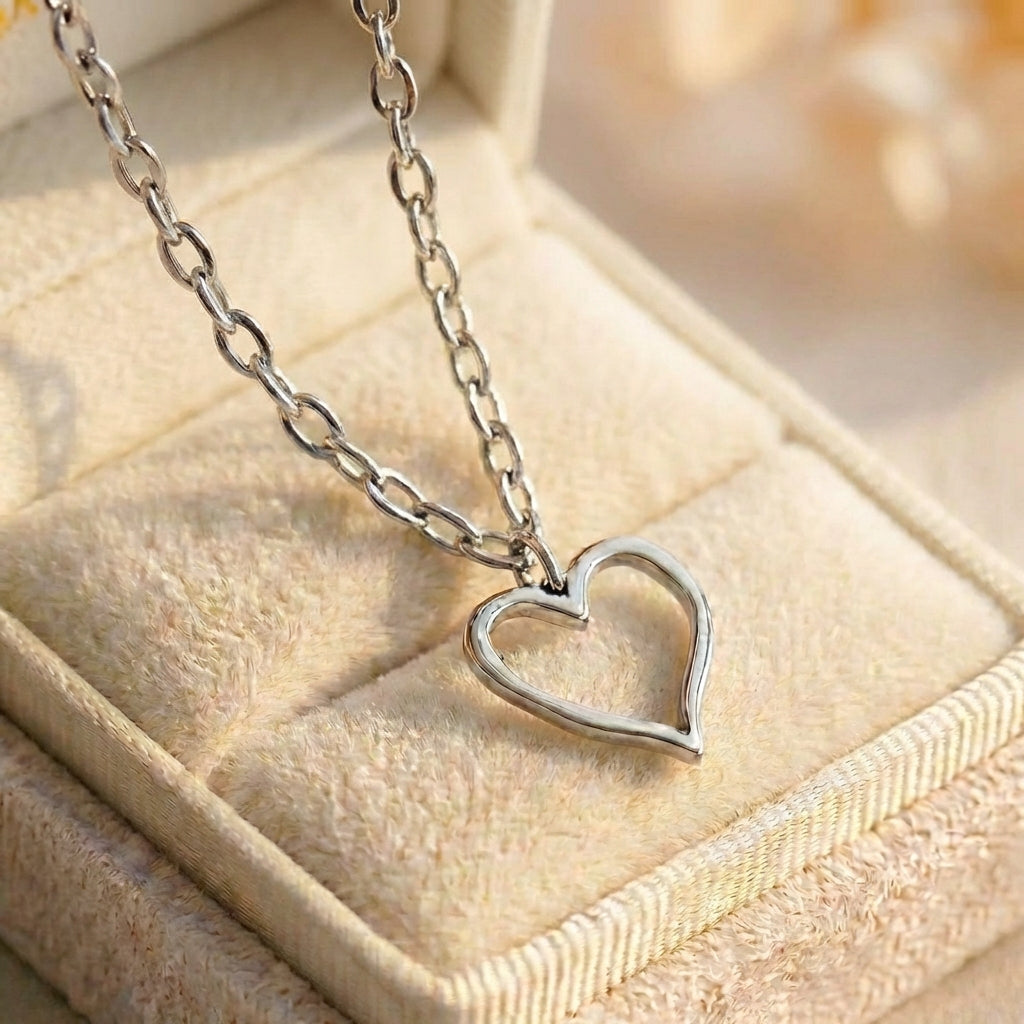 Vintage Hollow Heart Pendant Silver Necklace