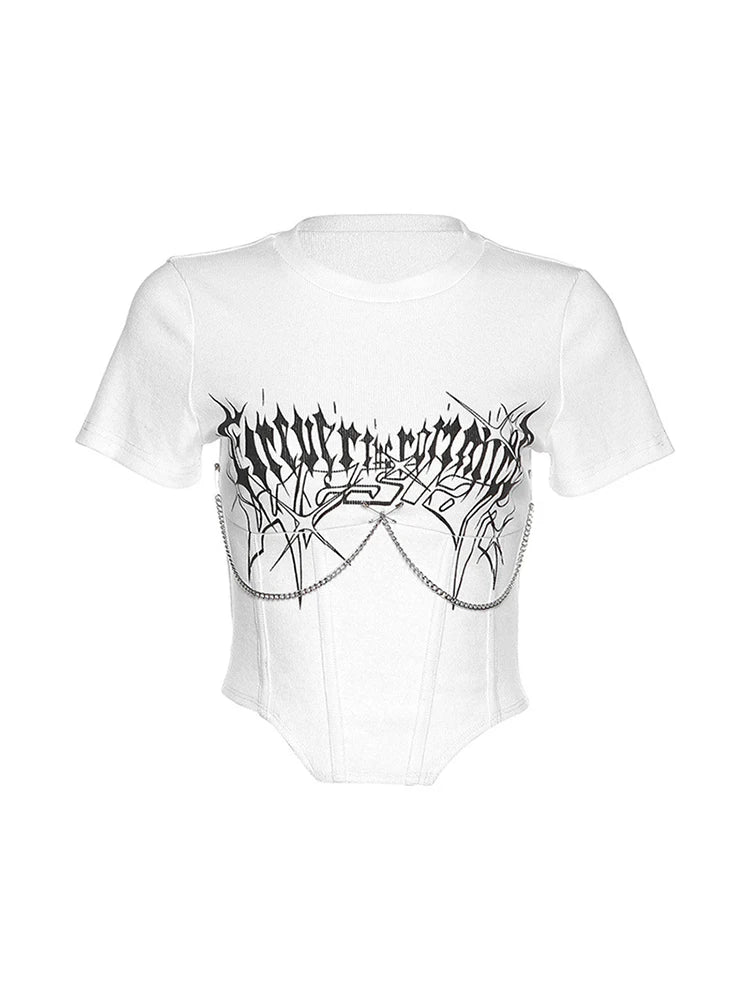 White Print Design Simple Versatile Line Street Breathable Short Sleeve Round Neck ’s Top T-shirt Girl