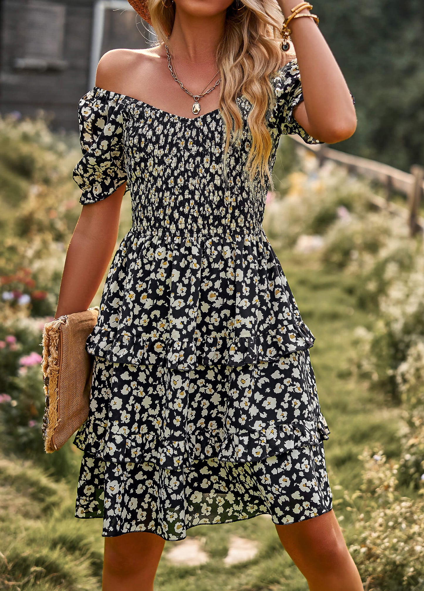 Moment in Daisy Smocked Mini Dress - Black