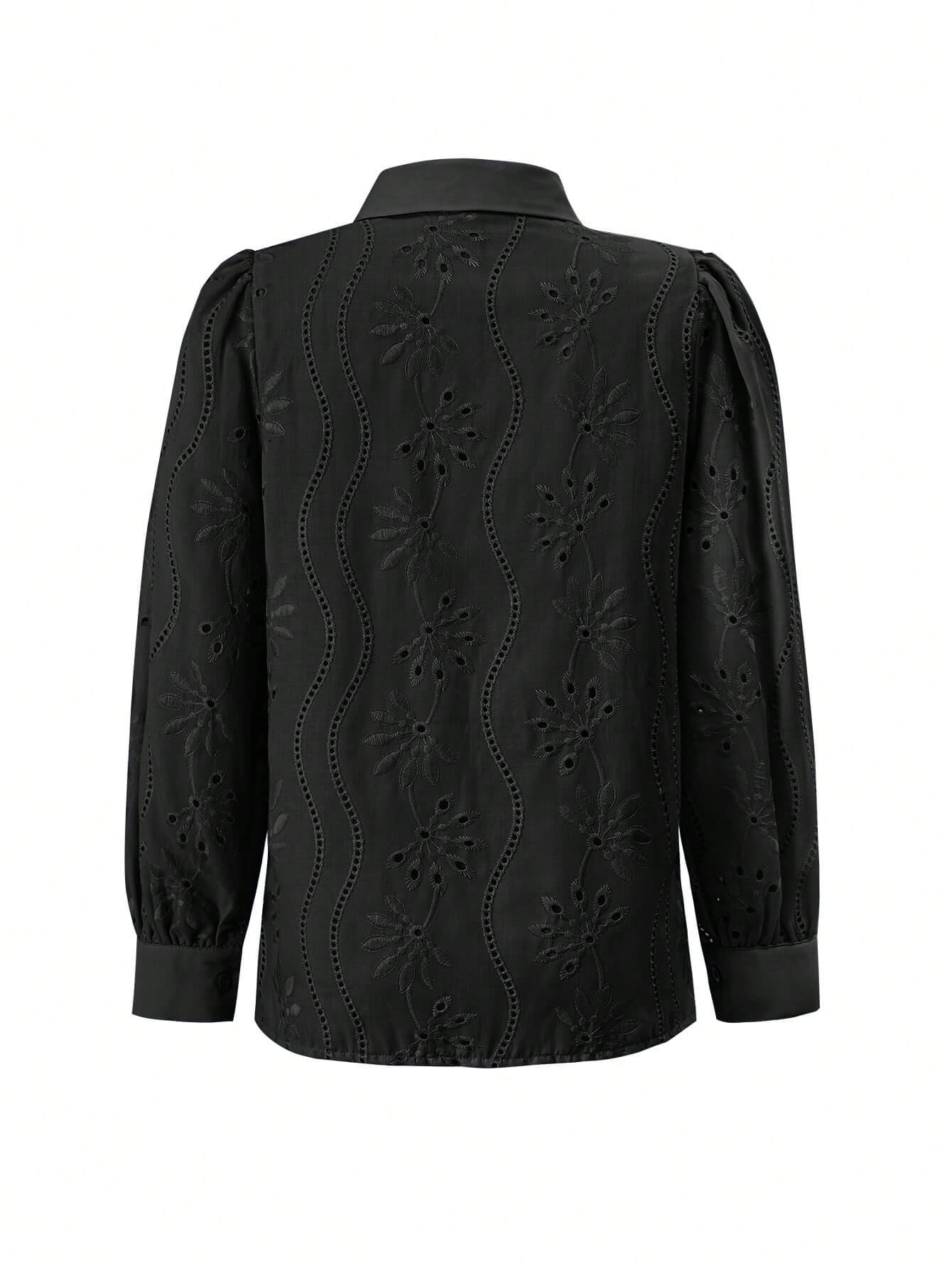 Miley Perforated Long Sleeve Blouse - Black