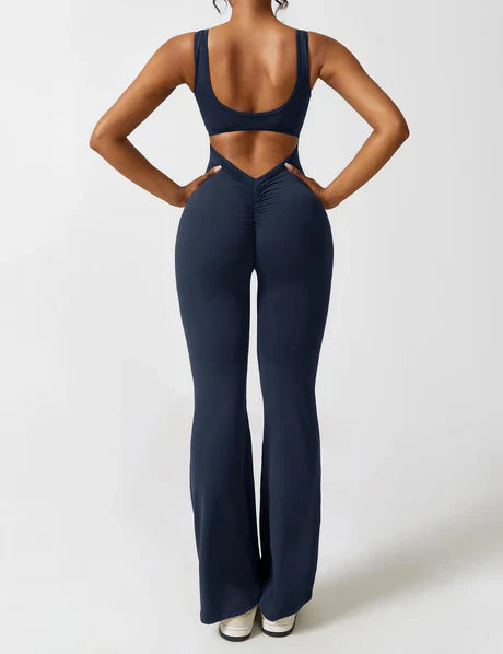 V-back Flared Jumpsuit Blue
