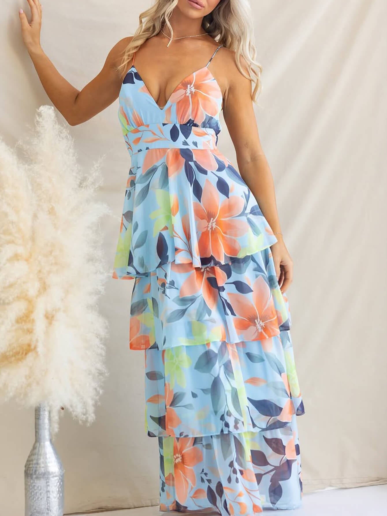 Ethereal Bloom Tiered Chiffon Maxi Dress