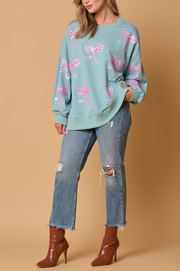 Christmas Bow Sequin Loose Long-sleeved Sweatshirt