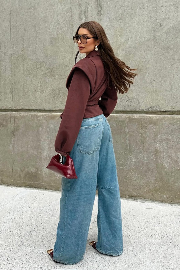 Wine Red Suede Tie-waist V-neck Coat