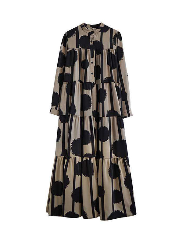 A-line Long Sleeves Buttoned Pleated Polka-dot Split-joint Stand Collar Maxi Dresses Shirt Dress