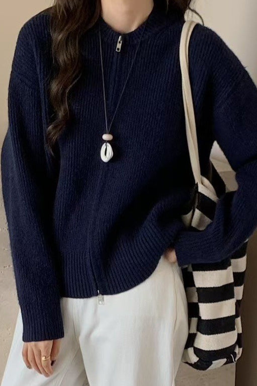 Color Zip-up Loose Fit Knit Sweater