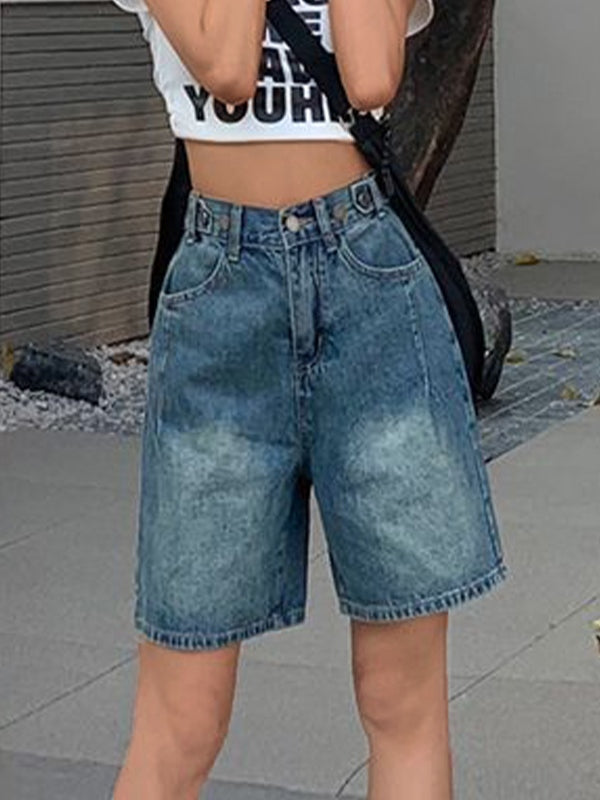Blue Cropped Denim Shorts With Washed Effect
