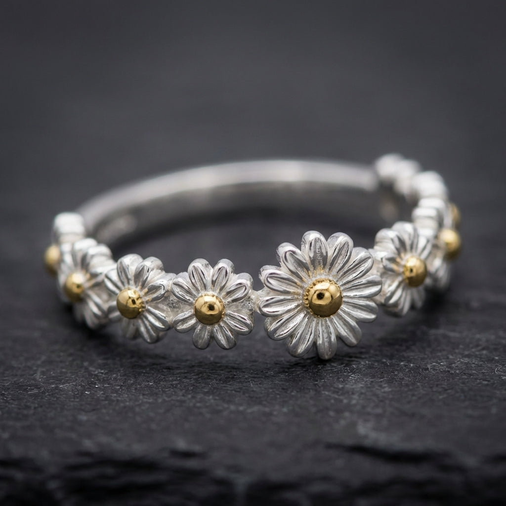 Adjustable Silver And Hand Painted Enamel Daisy Ring