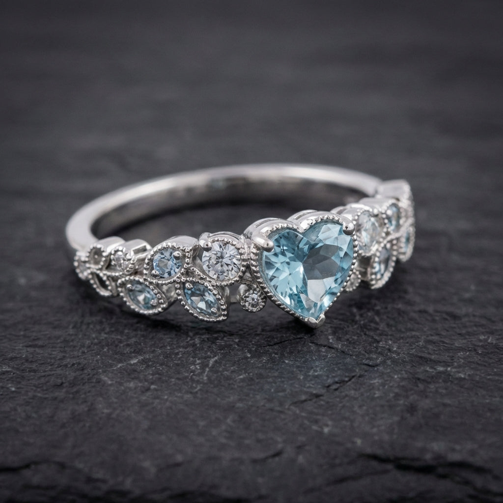 Silver Leaf Heart Blue Stone Ring