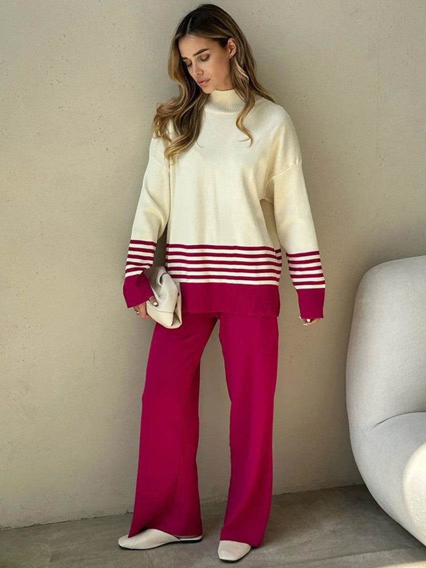 Rose Red - Striped Half-turtleneck Sweater Two Piece Set