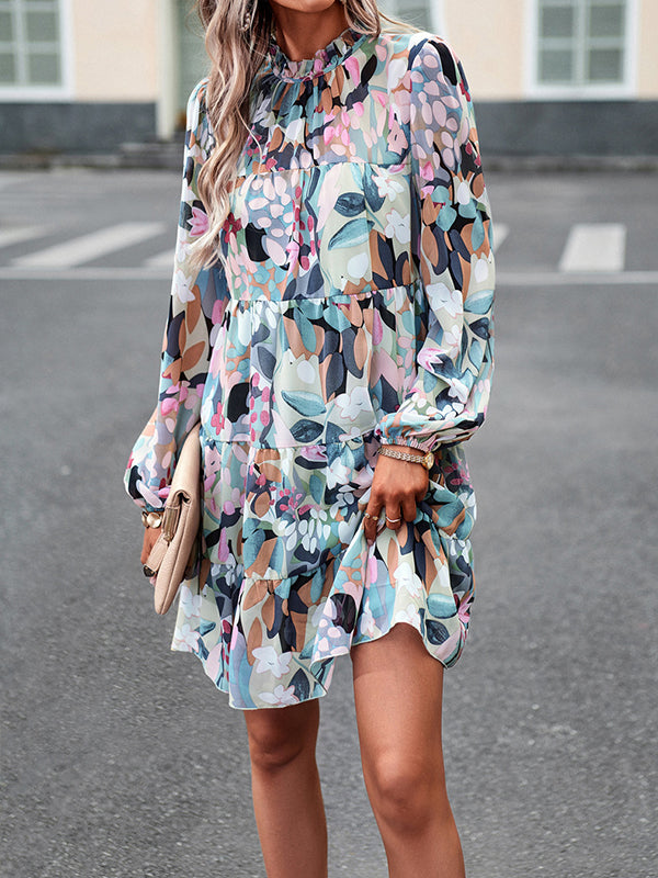 A-line High Waisted Printed Split-joint Tied Mock Neck Mini Dresses