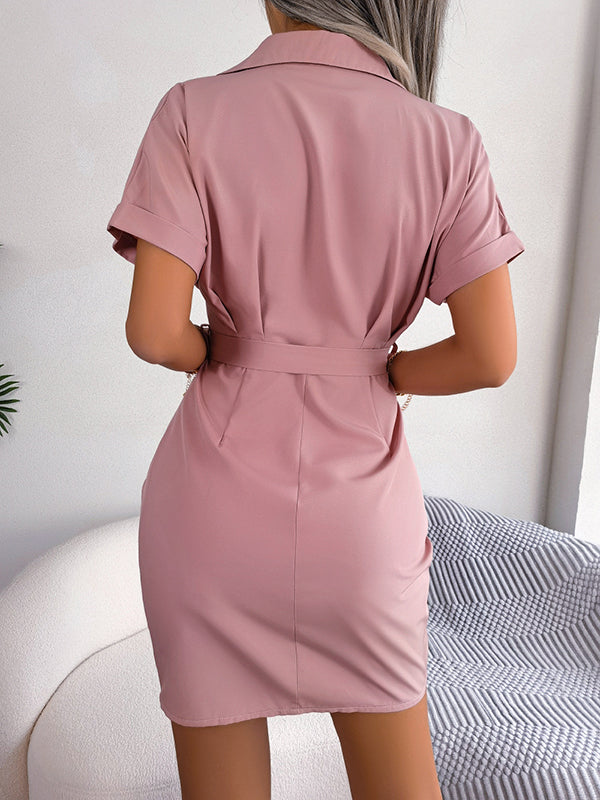 Short Sleeves Bandage Pleated Color Lapel Mini Dresses