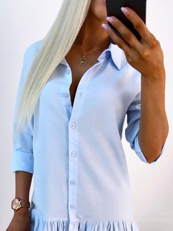 Long Sleeves Loose Buttoned Pleated Color Split-joint Lapel Mini Dresses Shirt Dress