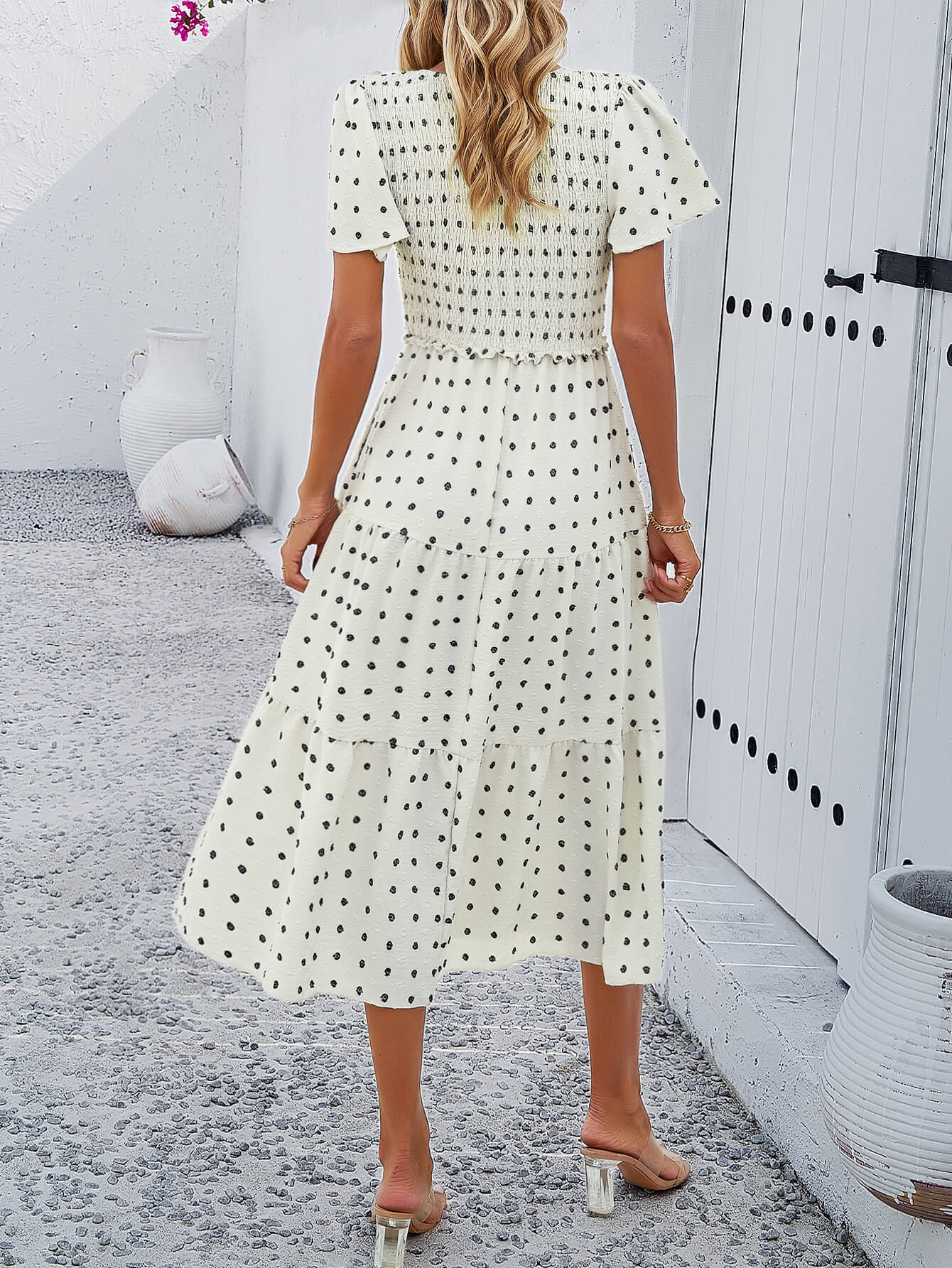 Leonie Spotted Tiered Midi Dress - Cream