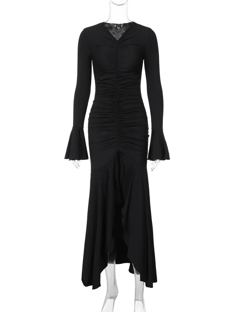 V-neck Pleated Slim Long Dress Female Ruffled Patchwork Party Dress New Maxi Dress