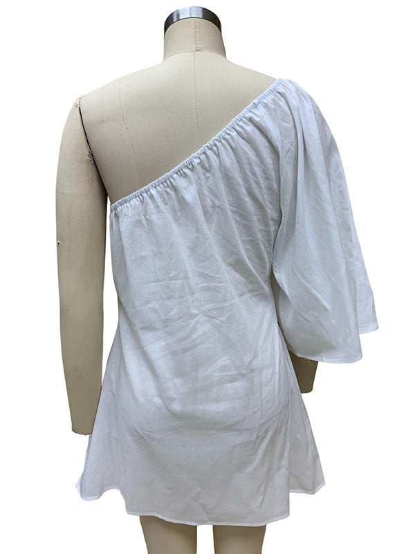 Loose Three-quarter Sleeves Asymmetric Elasticity Color One-shoulder Mini Dresses
