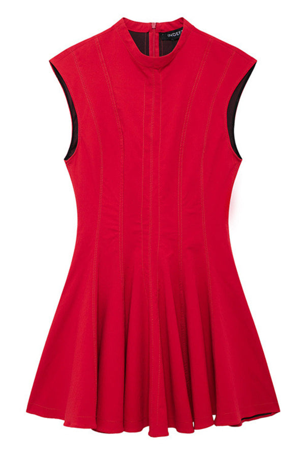 Color Round Neck Sleeveless Waist Mini Dress
