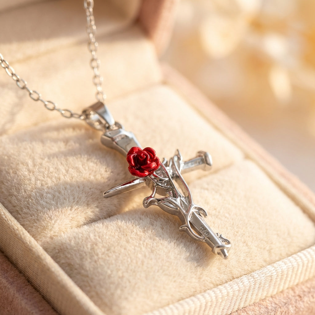Silver Religious Cross & Rose Thorn Necklace