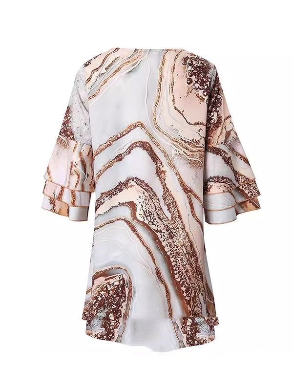 A-line Flared Sleeves Layered Printed Split-joint V-neck Mini Dresses