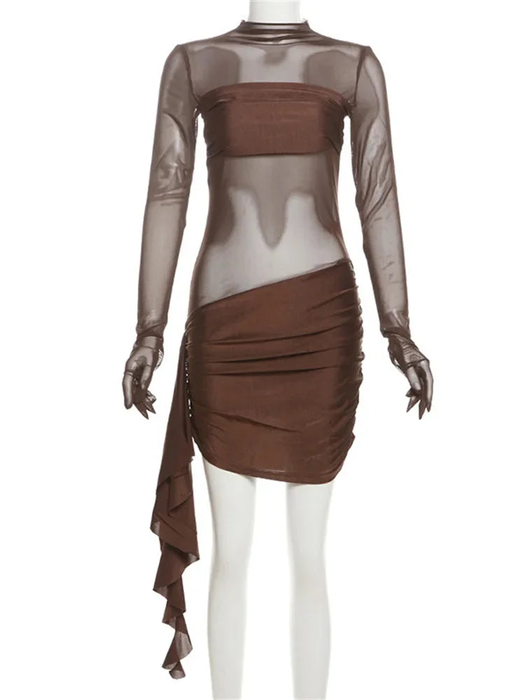 Mesh Hollow Out Mini Dress for See-through High Waist Pleated Slim Bandage Gown Dress Female Y2k Mini Dress New