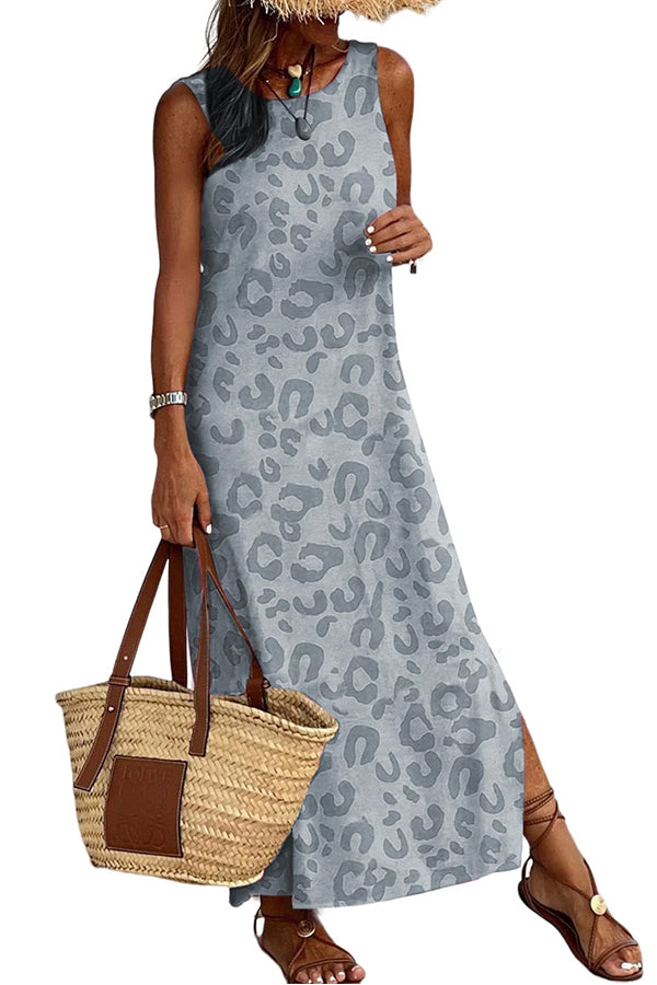 Gray Leopard Print Side Slits Tank Maxi Dress