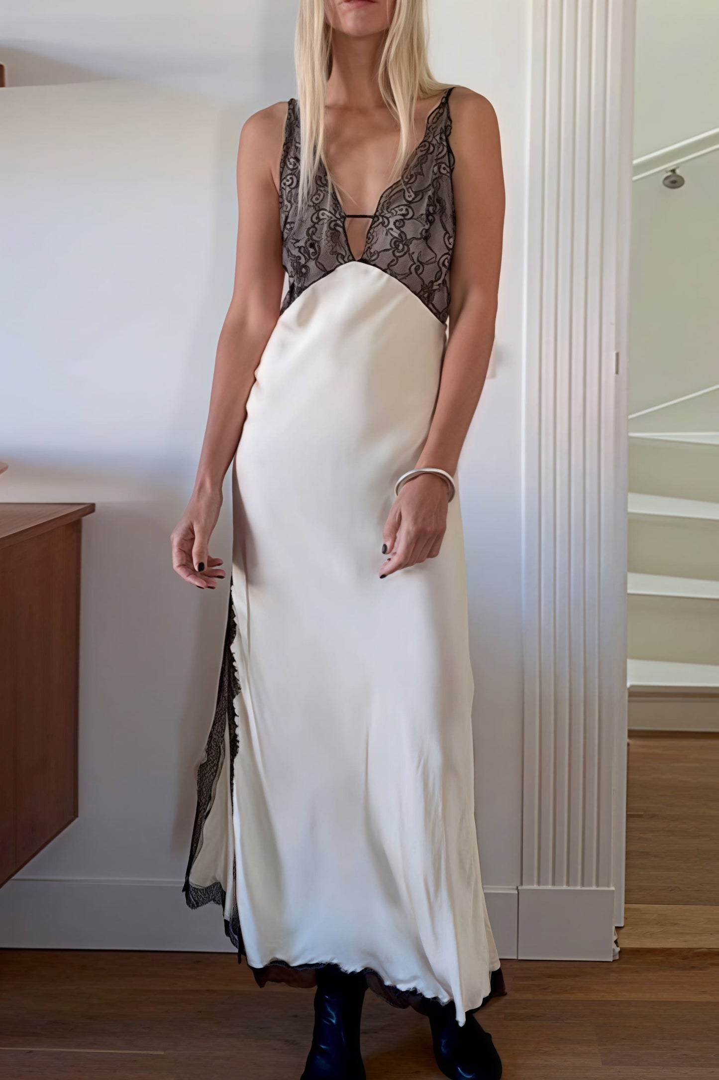 Slim Lace Patchwork Backless Satin Maxi Dress