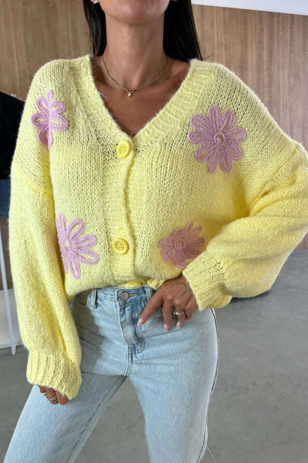 Embroidered V-neck Long-sleeved Button-knit Cardigan