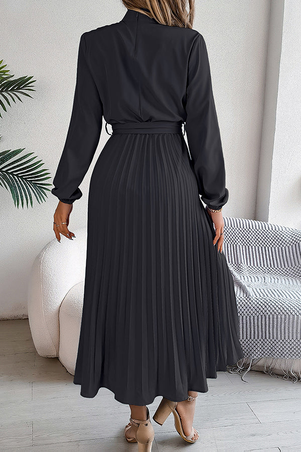 Stand-collar Long-sleeve Waisted Tie-up Pleated Midi Dress