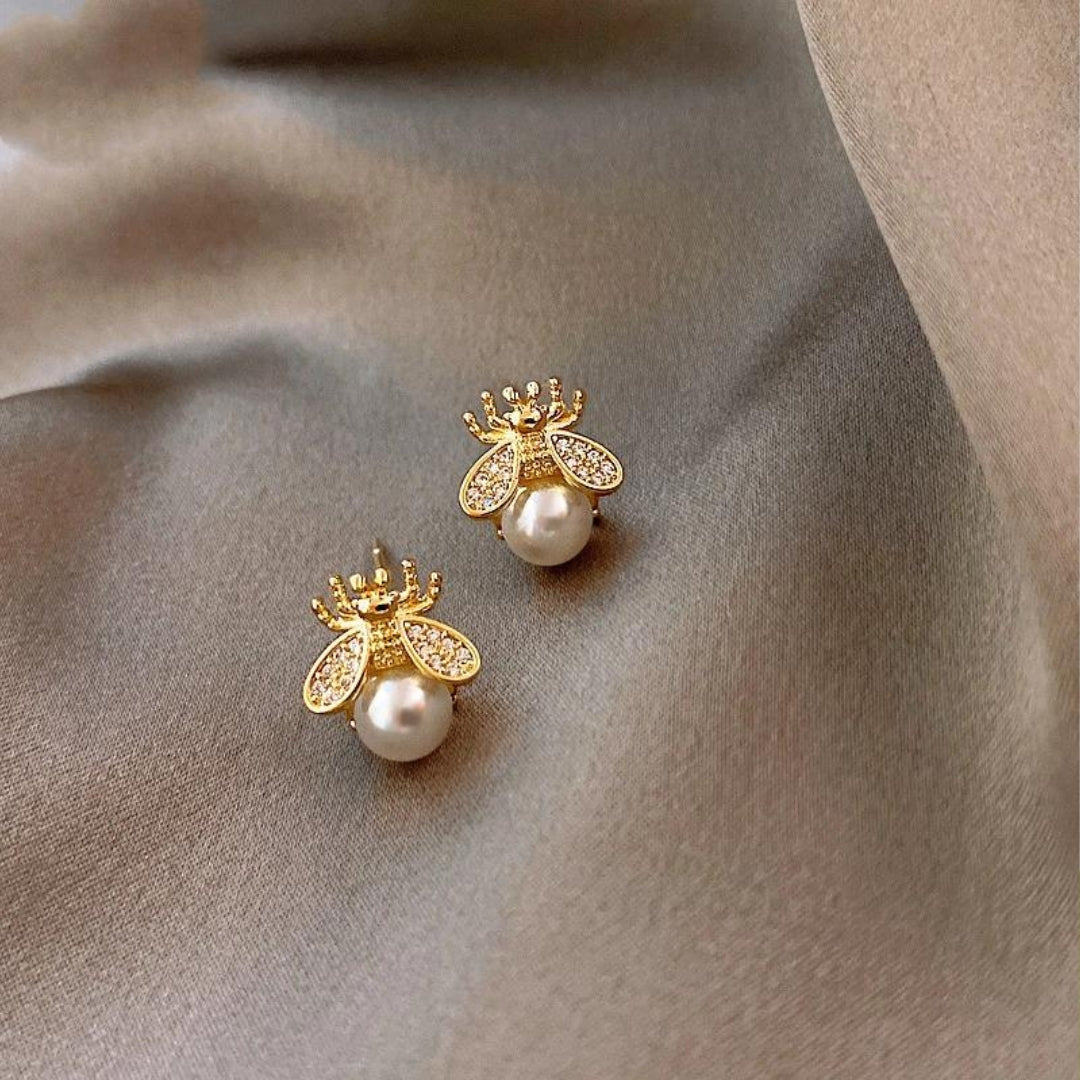 Synthetic Pearl And Zirconia Bee Earrings