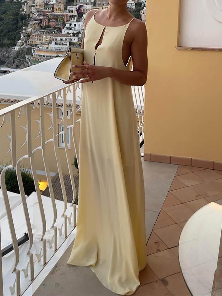 Beige Backless Vacation Long Dress With Crew Neck
