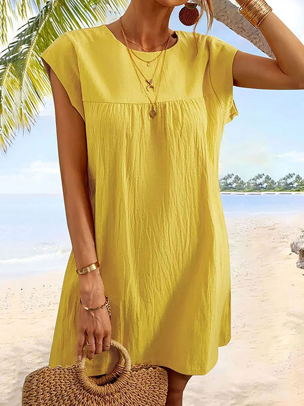 Cap Sleeve Loose Pleated Color Round-neck Mini Dresses