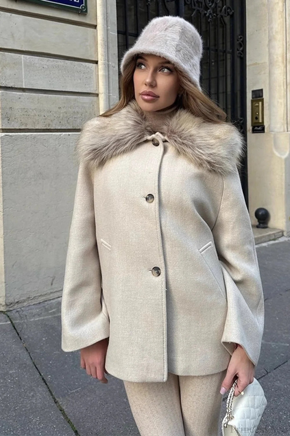 Relaxed Faux Fur Collar Single-breasted Coat