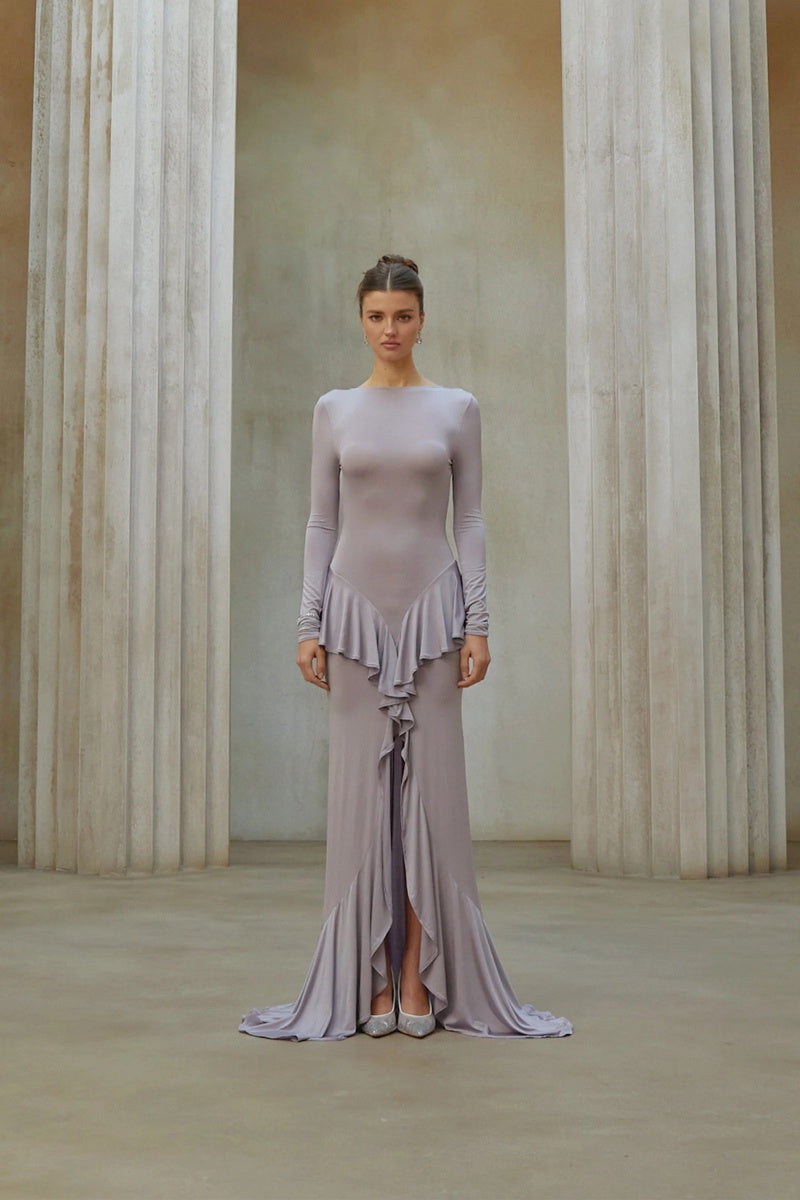 Xenia Purple Ruffle Detail Maxi Dress