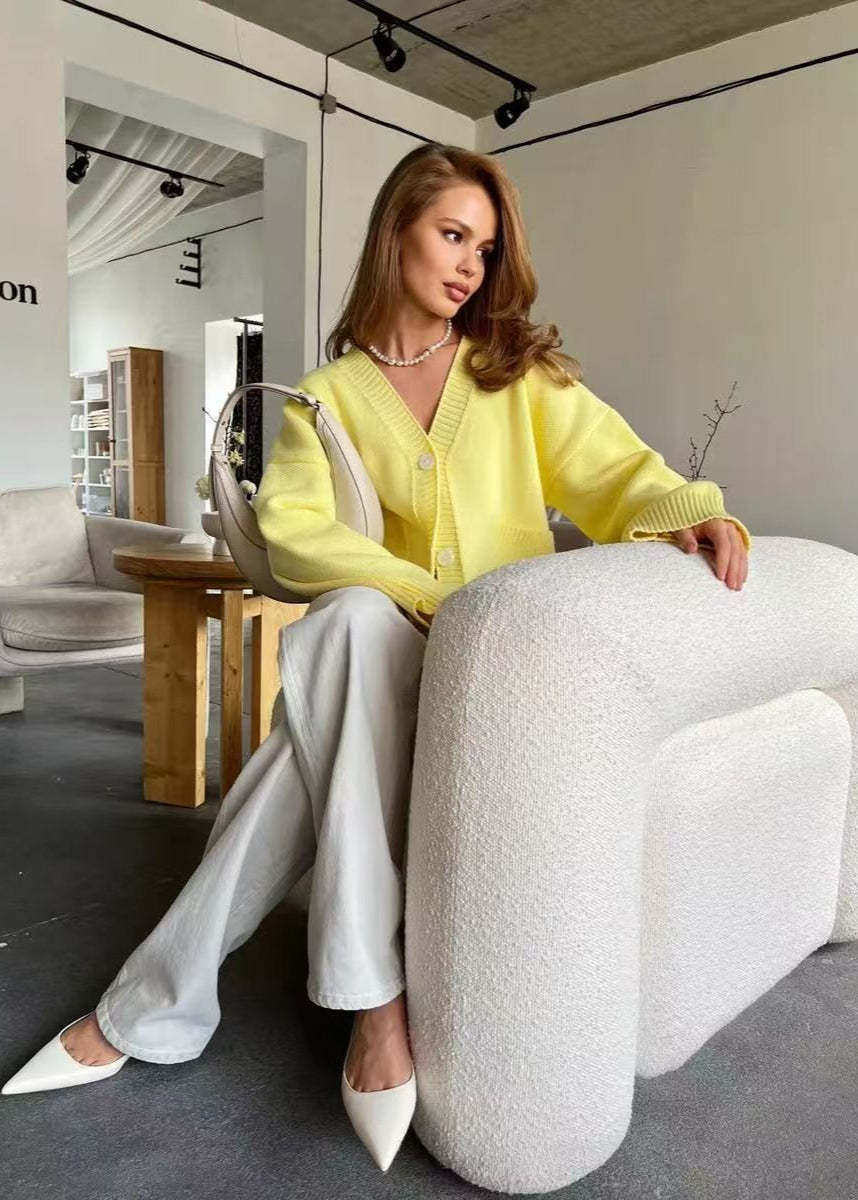 Bright Yellow Oversized Cardigan - ’s V-neck Knit Sweater