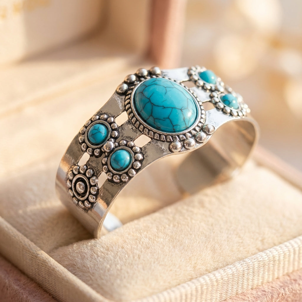 Vintage Silver Turquoise Open Adjustable Bracelet