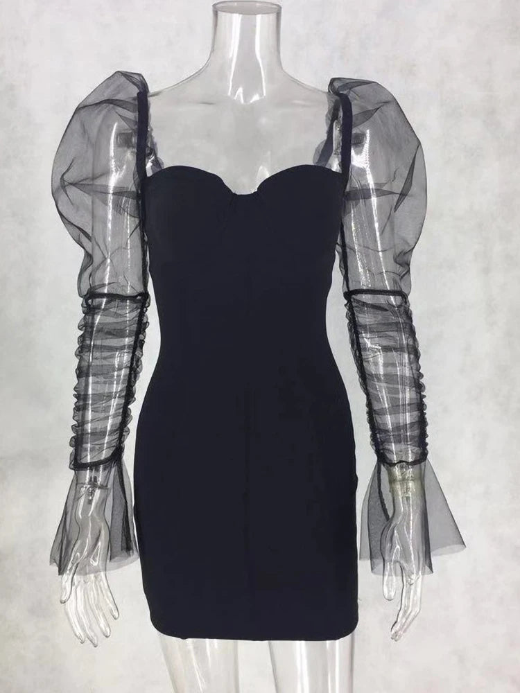 Mesh Puff Sleeve Party Dress Low Collar Backless Patchwork Red Mini Dress Nightclub Spring Vestidos