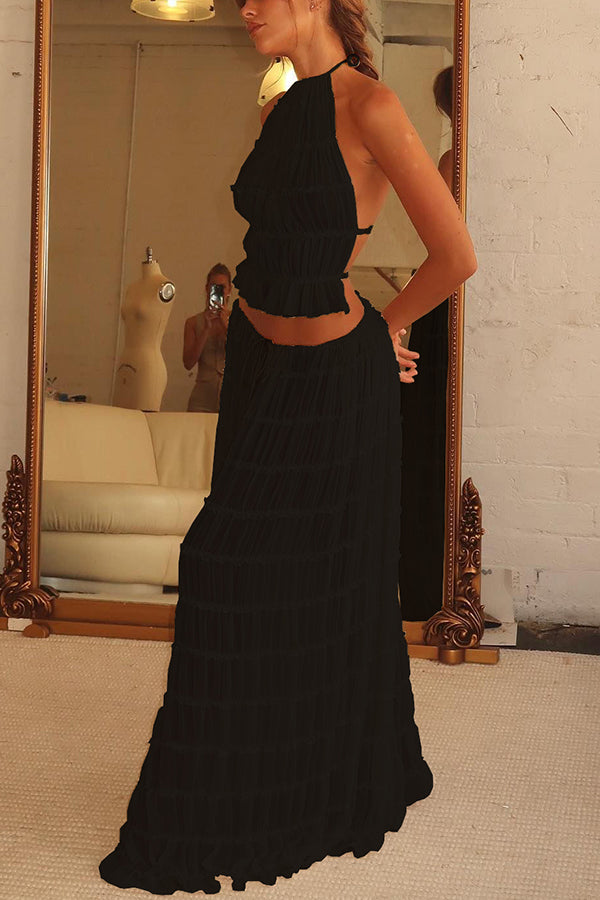 Versatility and Charm Pleated Drawstring Waist Tiered Maxi Skirt
