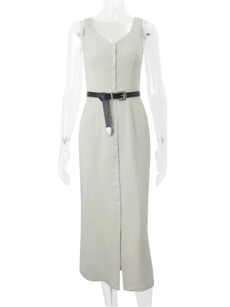 Summer V-neck Long Dress ’s Slim Lace-up High Waist Sleeveless Party Dress Maxi Dress New